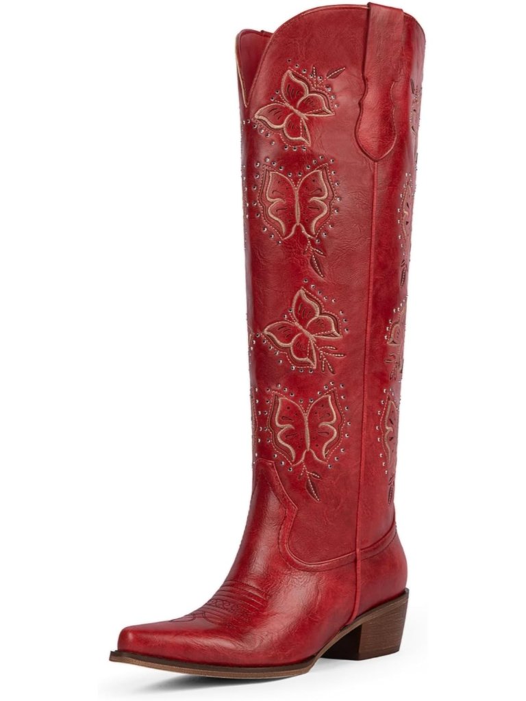 Women's Red Rhinestone Butterfly Embroidered Chunky Heel Cowgirl Boots